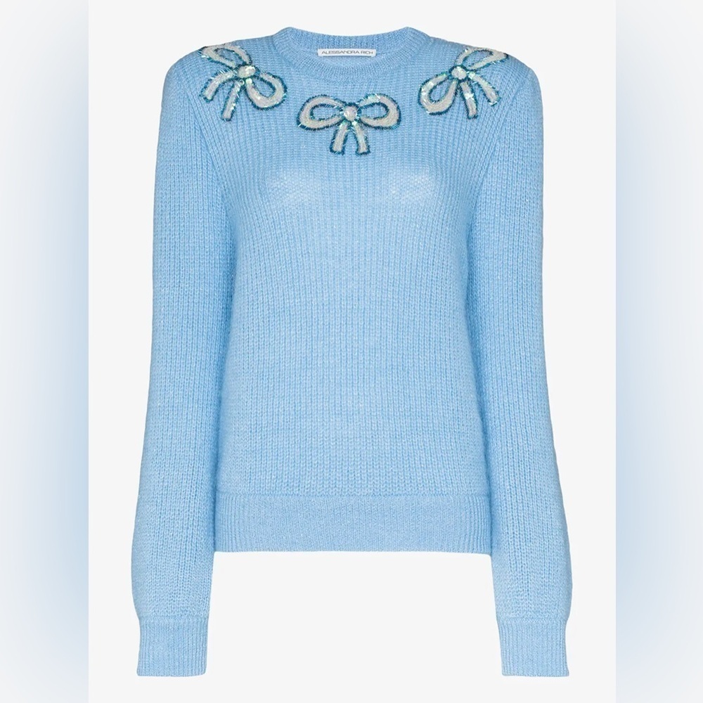 ALESSANDRA RICH Softest Mohair Wool Sweater w/ Sequin Ribbons Bows Size 42 VGUC - Picture 2 of 11